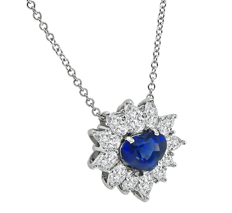 Estate 2.00ct Sapphire 2.00ct Diamond Heart Pendant Necklace