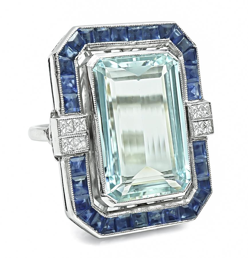 Estate 20.00ct Aquamarine 1.50ct Sapphire Diamond Ring