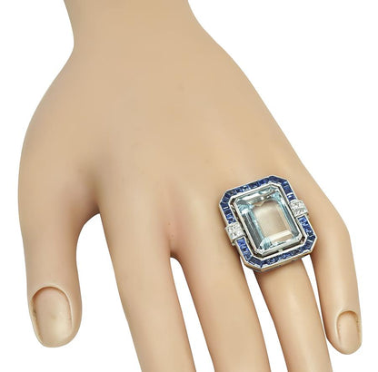 Estate 20.00ct Aquamarine 1.50ct Sapphire Diamond Ring
