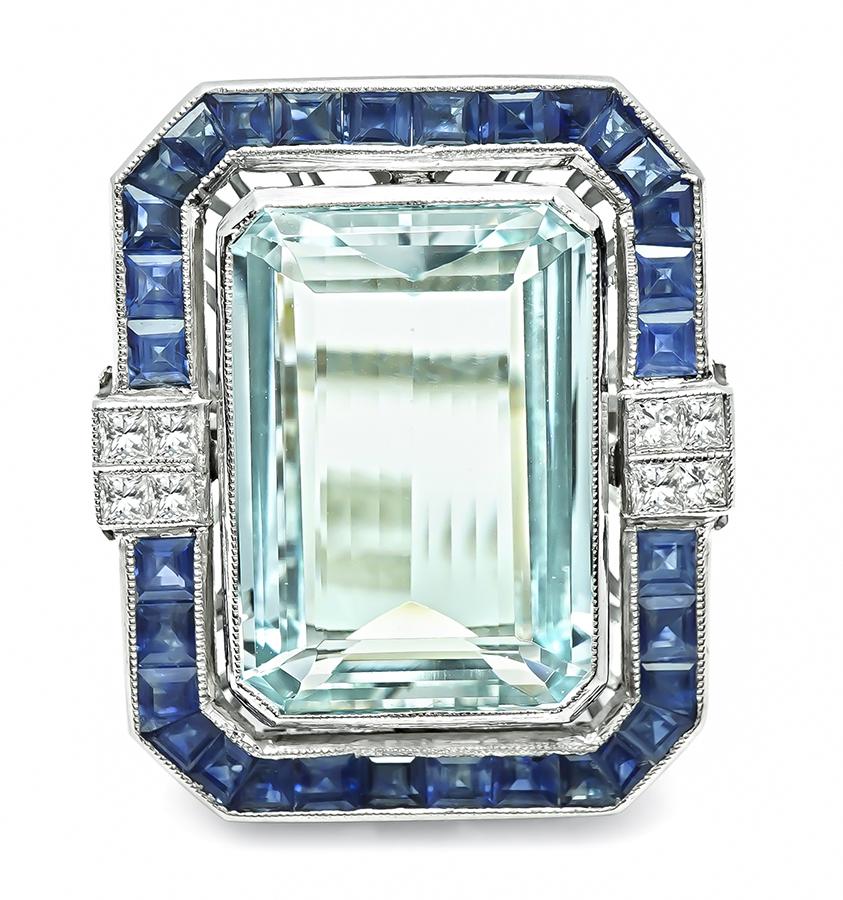Estate 20.00ct Aquamarine 1.50ct Sapphire Diamond Ring