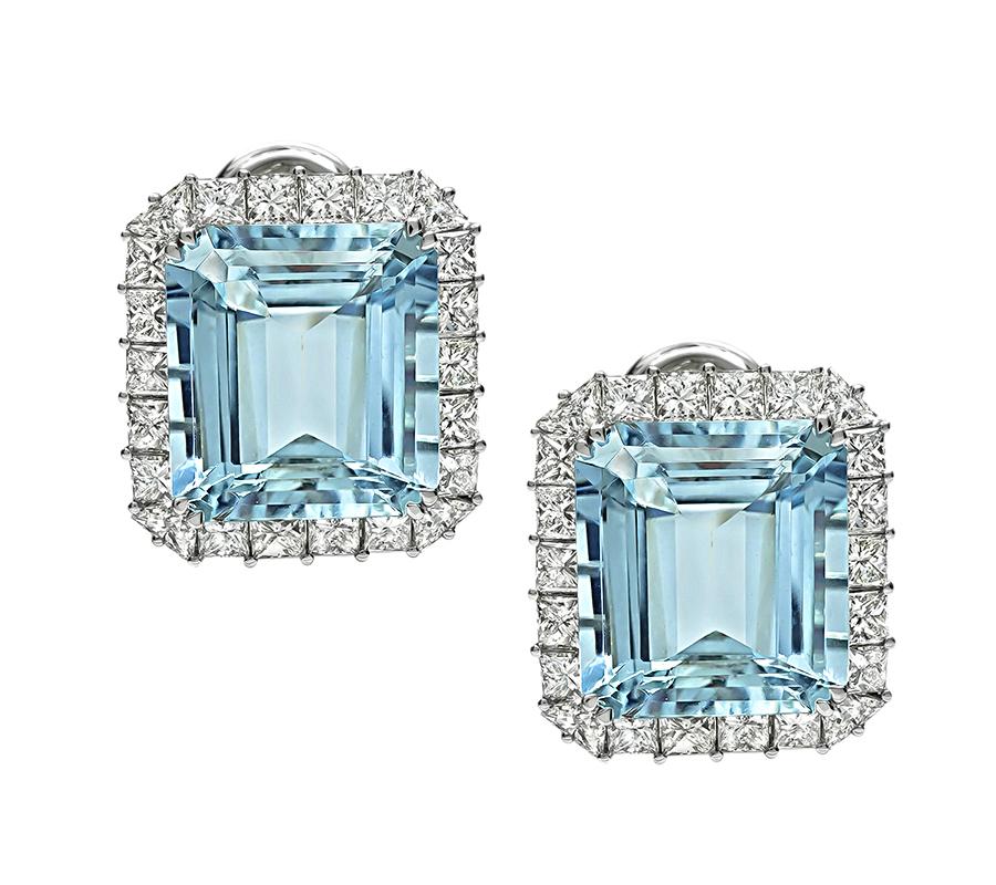 Estate 22.00ct Aquamarine 4.00ct Diamond 14k White Gold Earrings