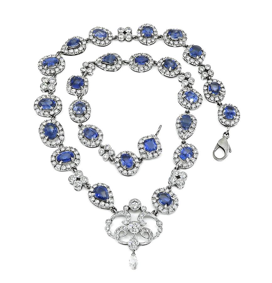 Estate 22.00ct Sapphire 11.00ct Diamond 18k White Gold Necklace