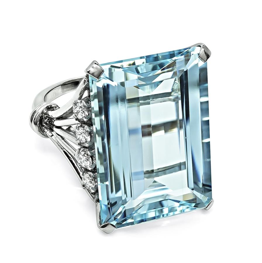 Estate 26.50ct Aquamarine 0.40ct Diamond Platinum Ring