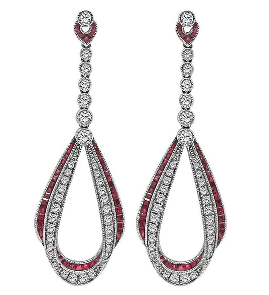 Estate 1.76ct Diamond 2.10ct Ruby Dangling Earrings