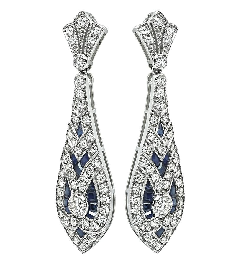 Estate 2.57ct Diamond 2.05ct Sapphire Dangling Earrings