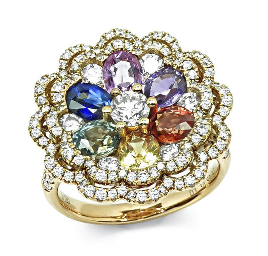Estate 2.97ct Multi Color Sapphire 1.30ct Diamond 18k Pink Gold Cocktail Ring