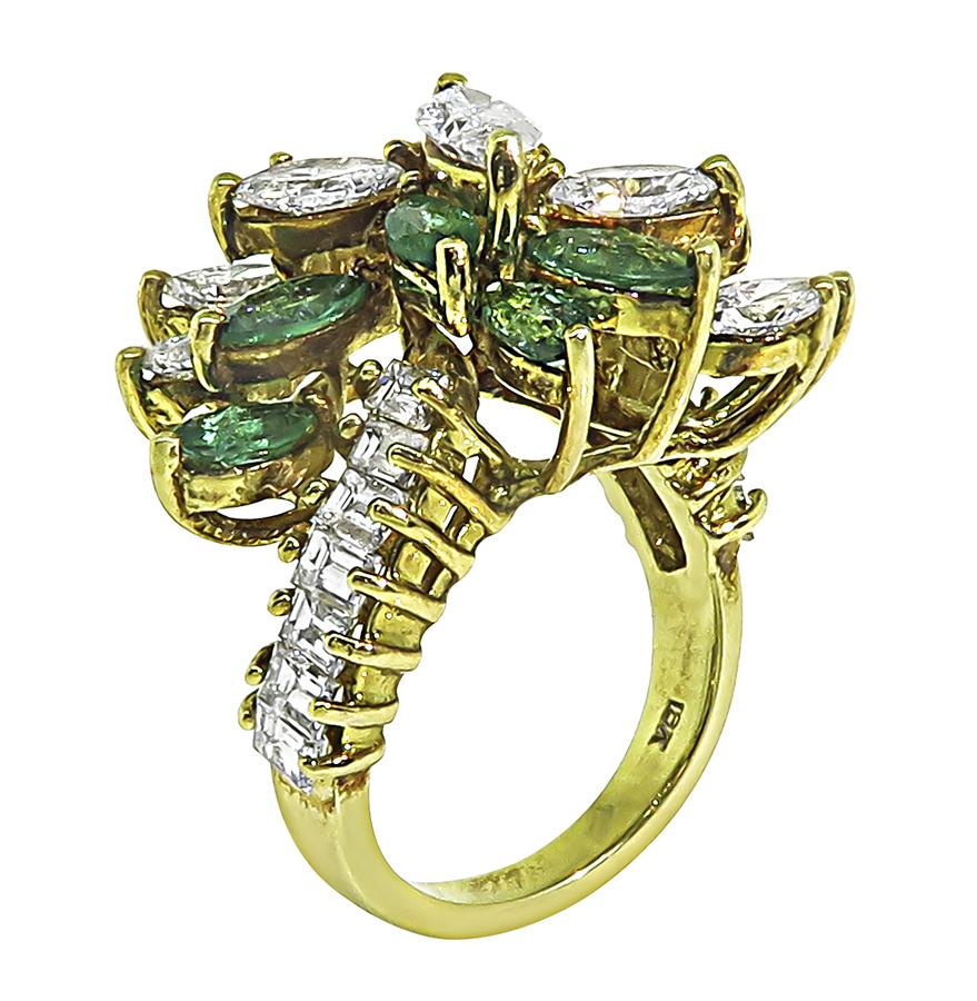1970s 3.00ct Emerald 2.50ct Diamond 18k Yellow Gold Ring
