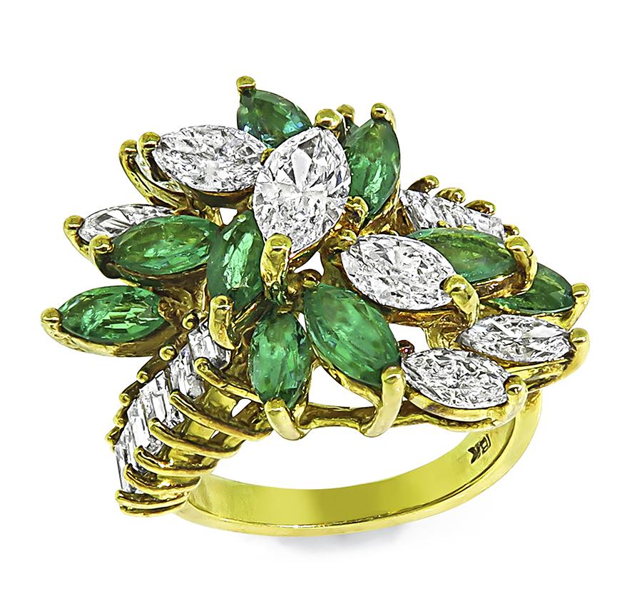1970s 3.00ct Emerald 2.50ct Diamond 18k Yellow Gold Ring