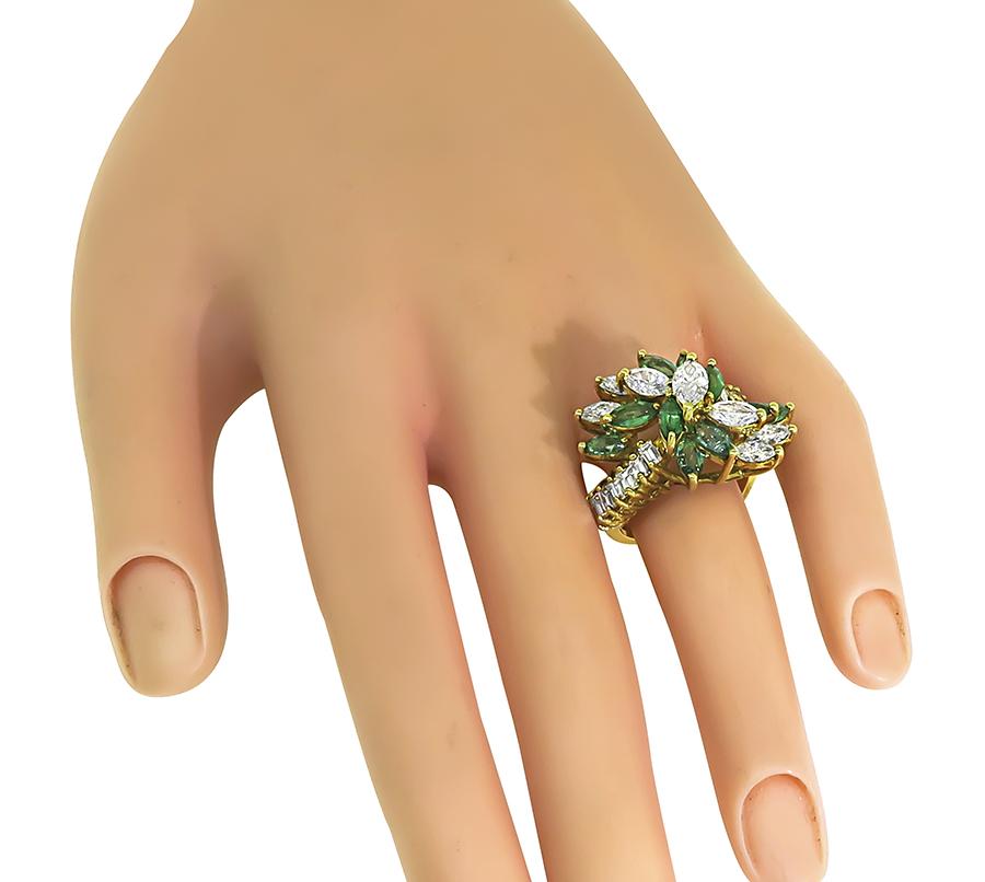 1970s 3.00ct Emerald 2.50ct Diamond 18k Yellow Gold Ring