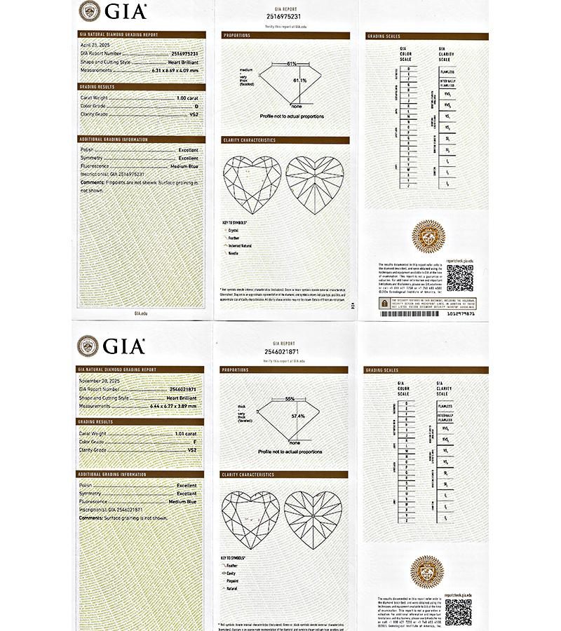 Estate GIA Certified 1.00ct and 1.01ct Diamond 14k Gold Heart Stud Earrings