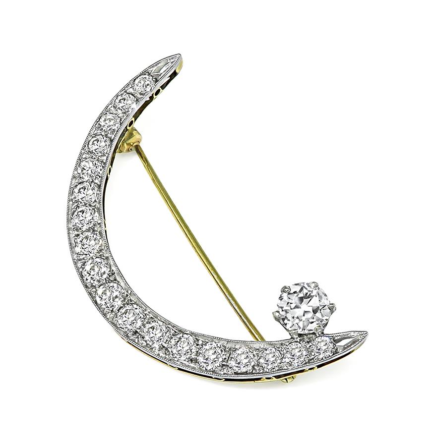 Estate 2.80ct Diamond 14k White and Yellow Gold Crescent Pin