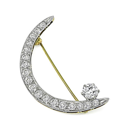 Estate 2.80ct Diamond 14k White and Yellow Gold Crescent Pin
