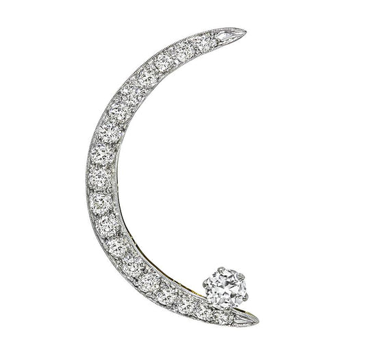 Estate 2.80ct Diamond 14k White and Yellow Gold Crescent Pin