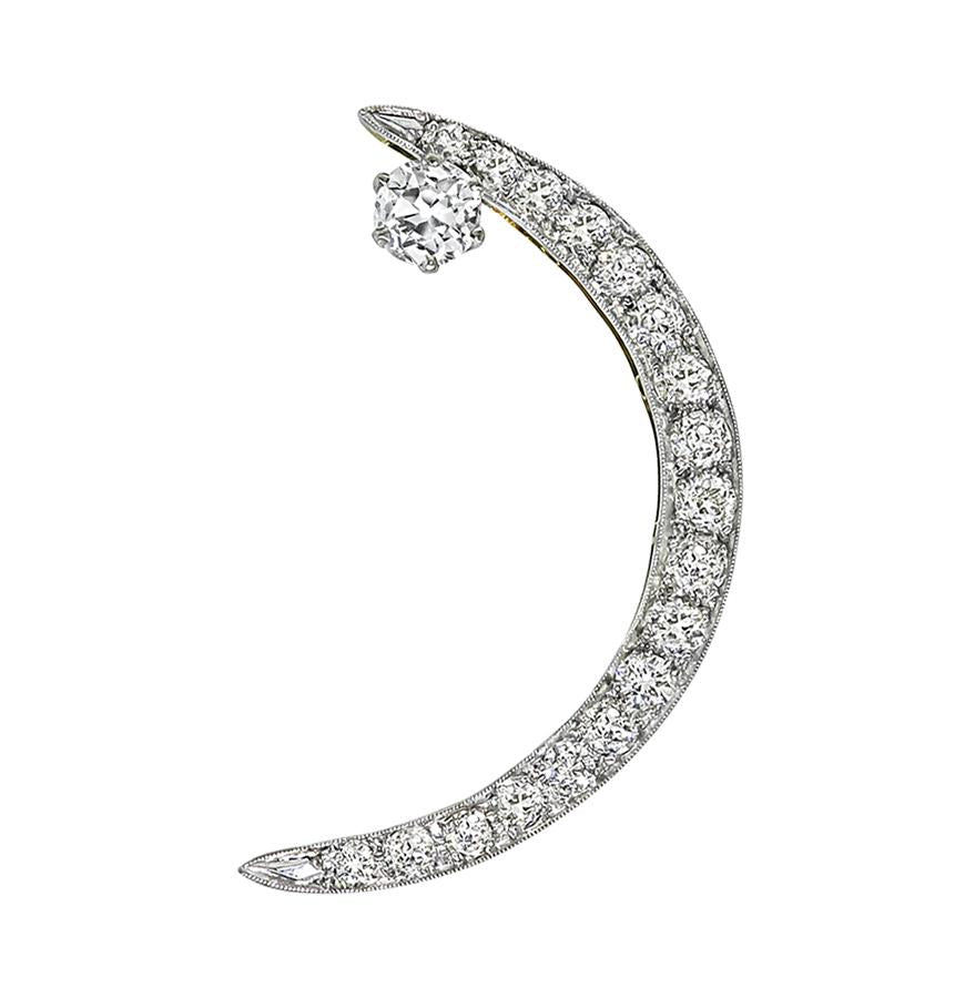 Estate 2.80ct Diamond 14k White and Yellow Gold Crescent Pin