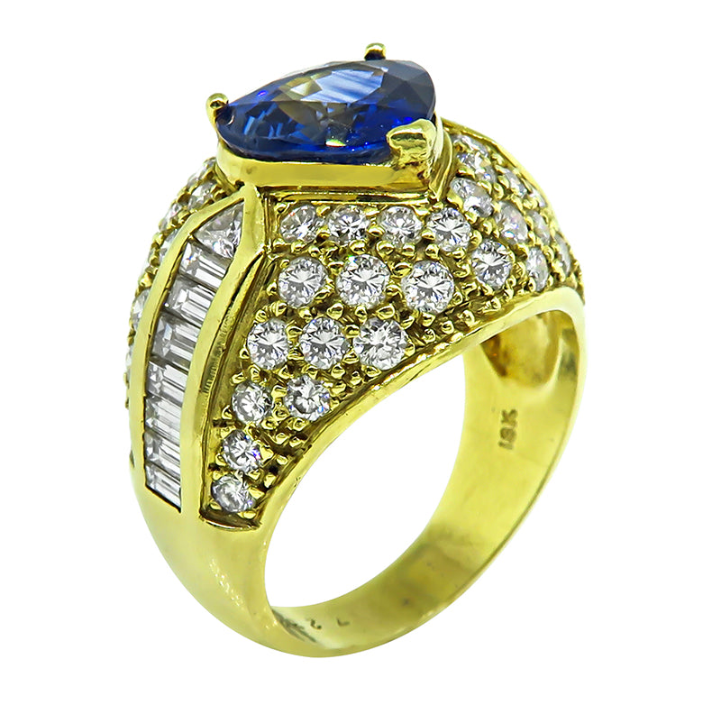 Estate 3.00ct Sapphire 3.00ct Diamond Yellow Gold Ring