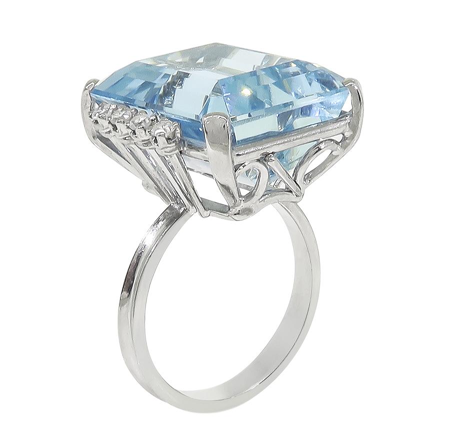 Estate 30.00ct Aquamarine Diamond 18k White Gold Ring
