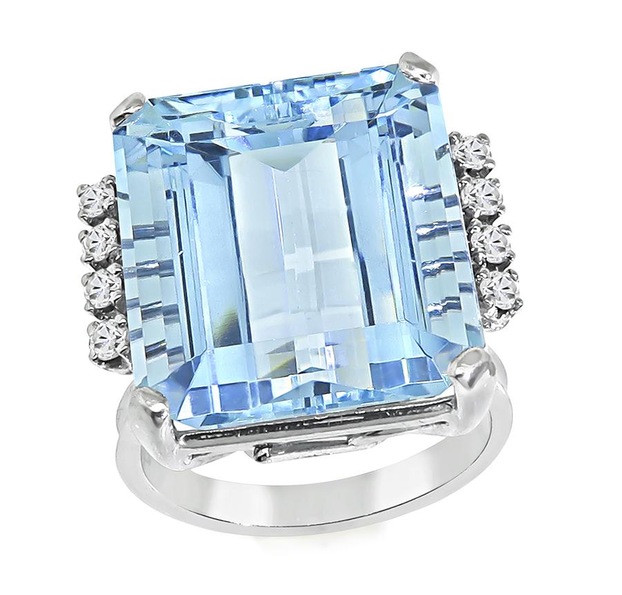 Estate 30.00ct Aquamarine Diamond 18k White Gold Ring