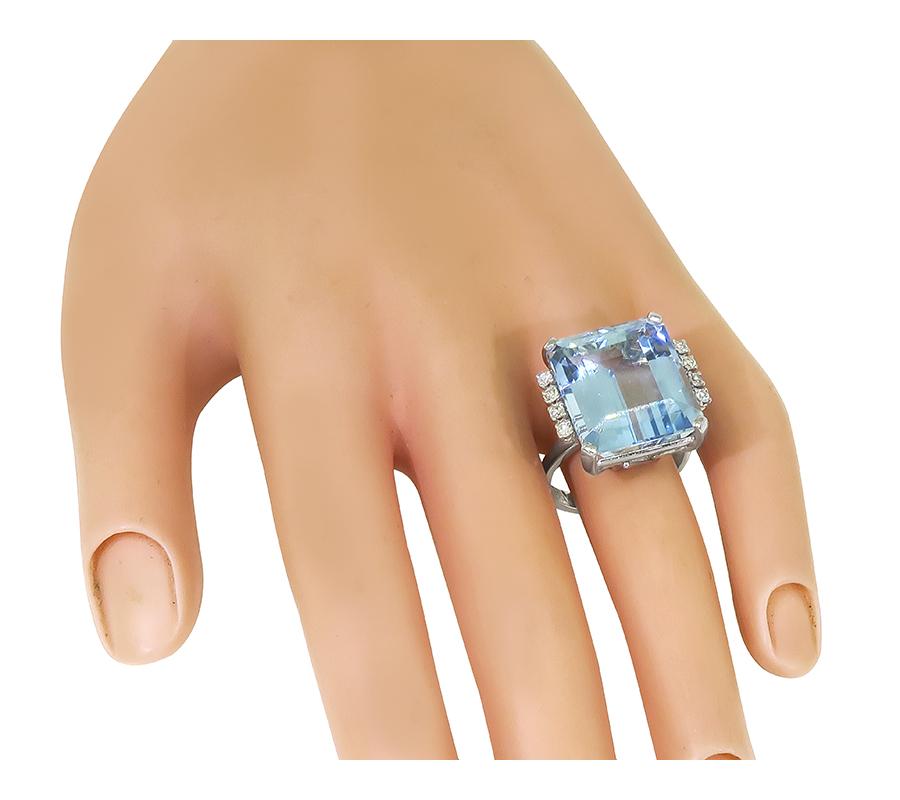 Estate 30.00ct Aquamarine Diamond 18k White Gold Ring