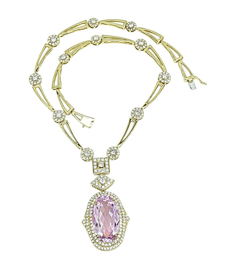 Estate 35.00ct Kunzite 5.00ct Diamond Gold Necklace