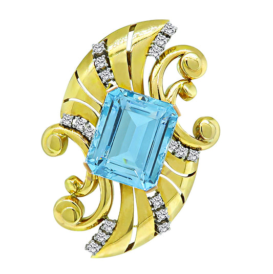 Estate 36.00ct Aquamarine 2.50ct Diamond Gold Pin