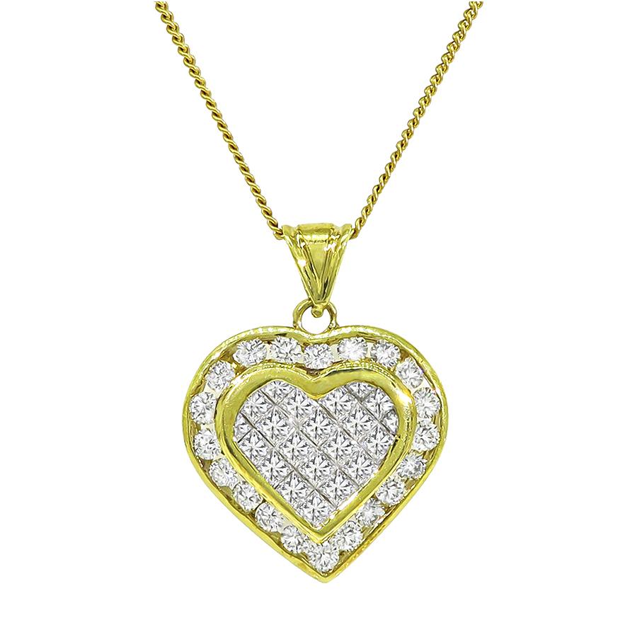 Estate 3.00ct Diamond 18k Yellow Gold Heart Pendant Necklace