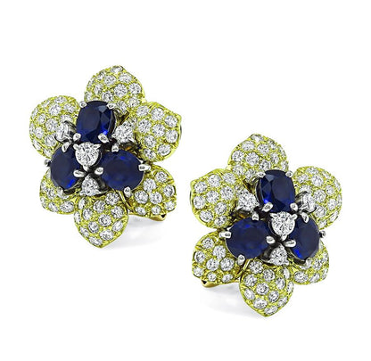 Estate 3.44ct Sapphire 3.20ct Diamond 18k Yellow Gold Flower Earrings