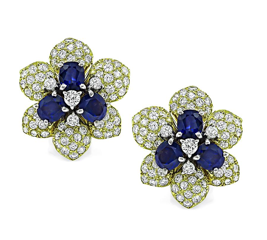Estate 3.44ct Sapphire 3.20ct Diamond 18k Yellow Gold Flower Earrings