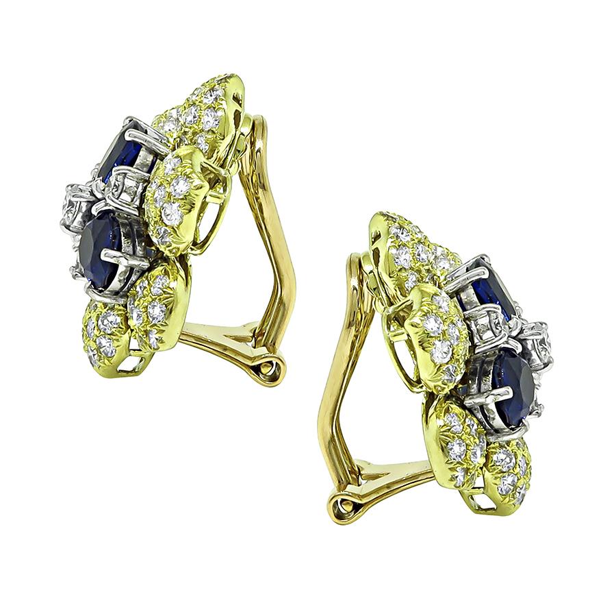 Estate 3.44ct Sapphire 3.20ct Diamond 18k Yellow Gold Flower Earrings
