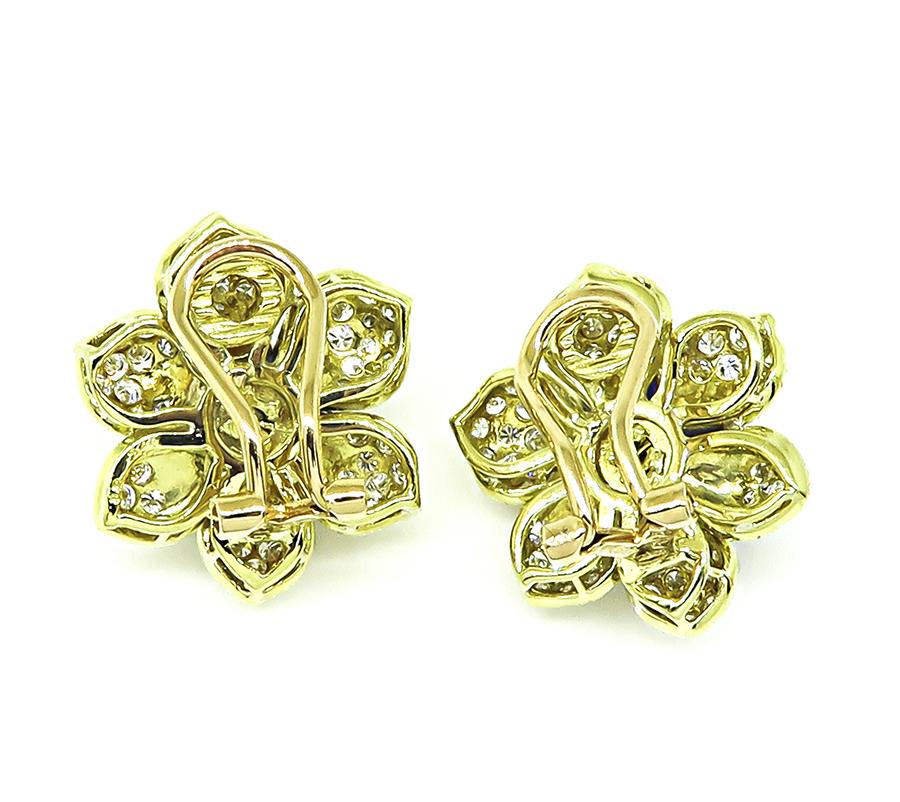 Estate 3.44ct Sapphire 3.20ct Diamond 18k Yellow Gold Flower Earrings