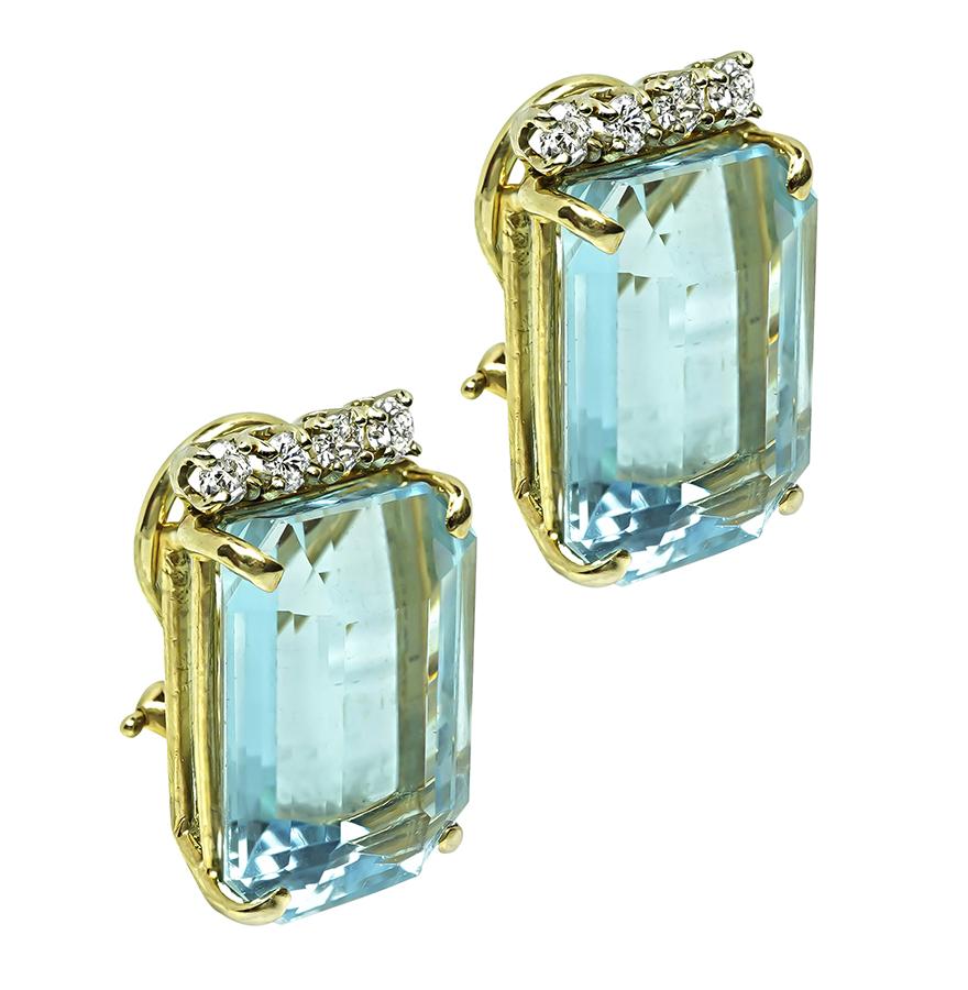 Estate 50.00ct Aquamarine 0.50ct Diamond Gold Earrings