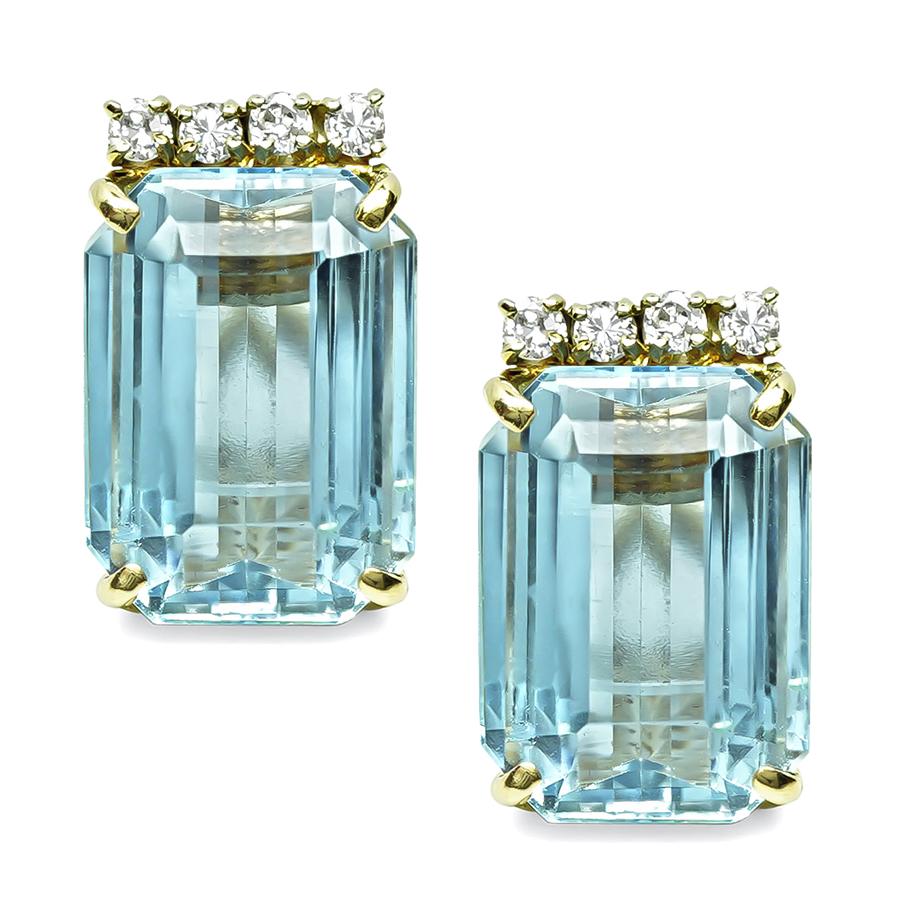 Estate 50.00ct Aquamarine 0.50ct Diamond Gold Earrings
