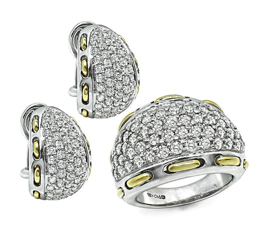 Estate 5.00ct Diamond Two Tone Gold Ring and Earrings Set