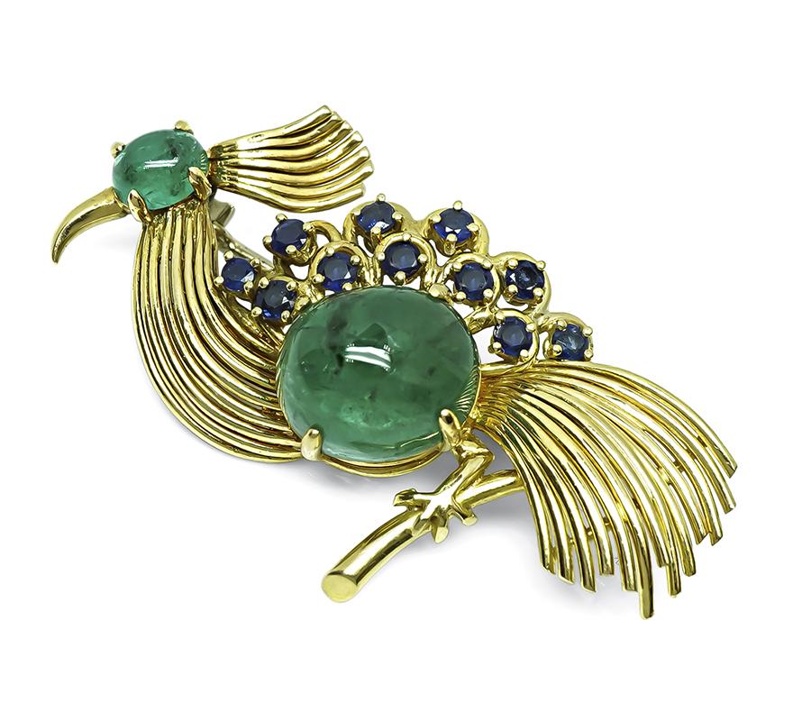 Estate Spritzer & Fuhrmann 6.00ct Emerald Sapphire Gold Bird Pin