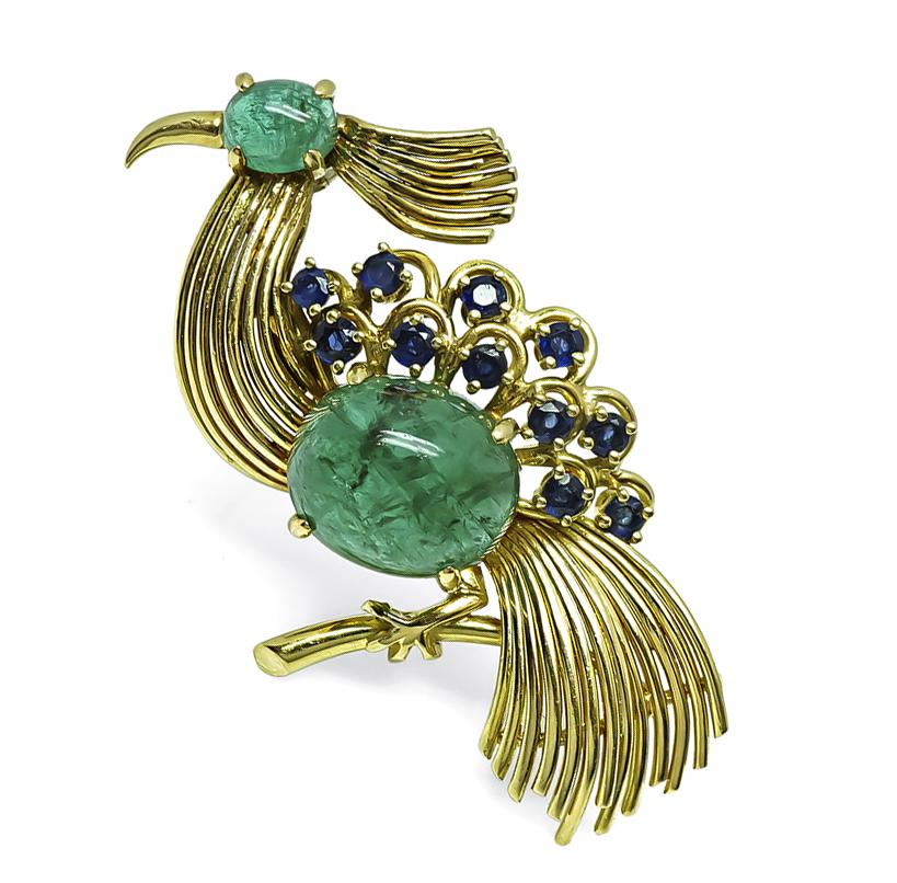 Estate Spritzer & Fuhrmann 6.00ct Emerald Sapphire Gold Bird Pin