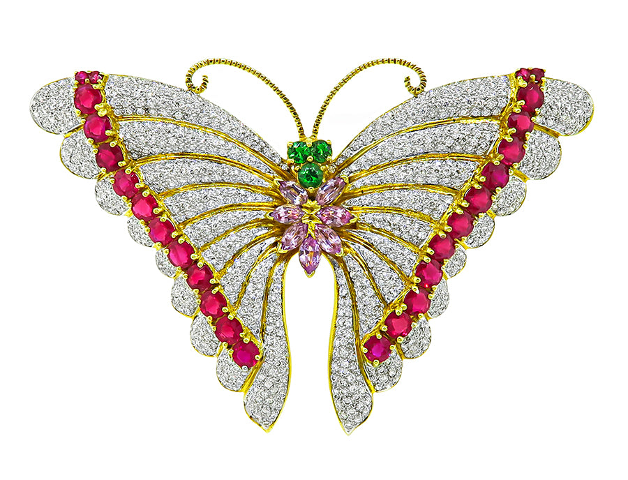 Estate 7.00ct Diamond 8.00ct Ruby Amethyst Demantoid Garnet Butterfly Pin