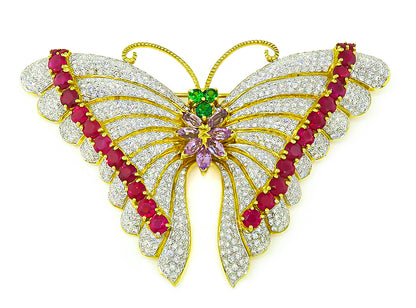Estate 7.00ct Diamond 8.00ct Ruby Amethyst Demantoid Garnet Butterfly Pin