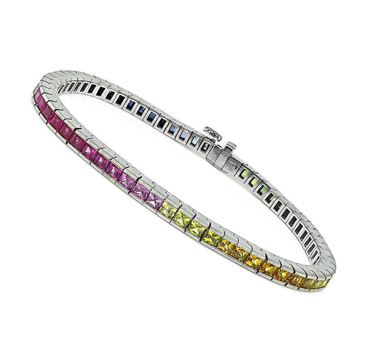 Estate 9.54ct Multi Color Sapphire 18k White Gold Line Bracelet