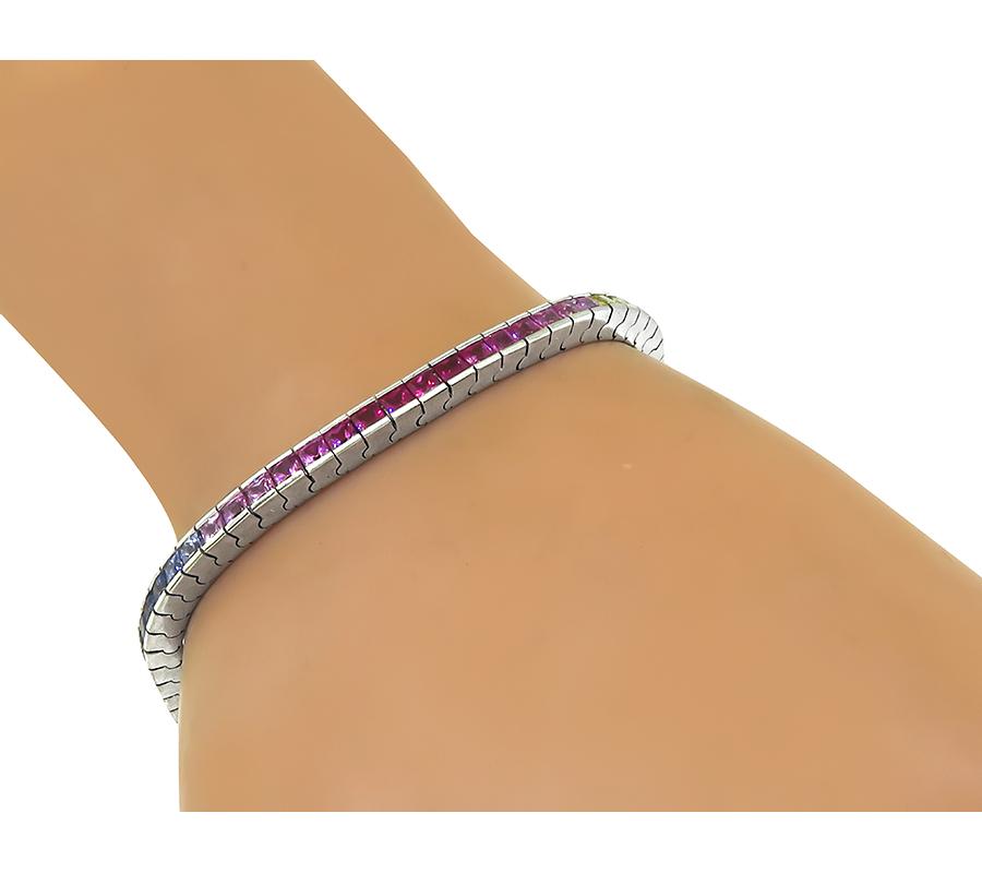 Estate 9.54ct Multi Color Sapphire 18k White Gold Line Bracelet