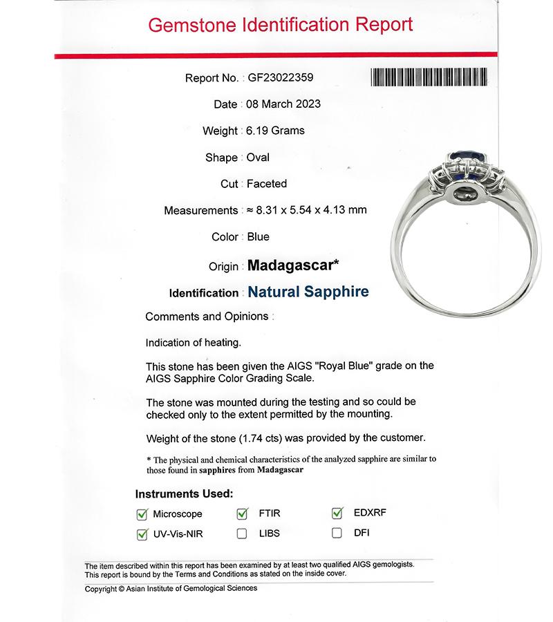AIGS Certificate 1.74ct Sapphire 0.65ct Diamond Engagement Ring