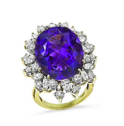 Estate 35.00ct Amethyst 3.00ct Diamond 18k Yellow and White Gold Ring