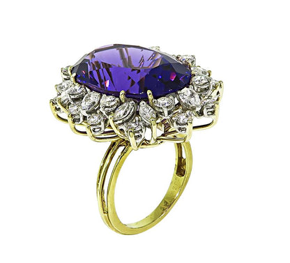 Estate 35.00ct Amethyst 3.00ct Diamond 18k Yellow and White Gold Ring