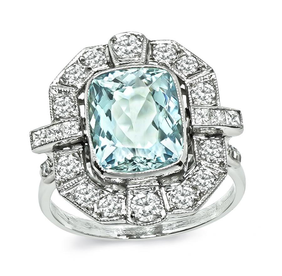 Art Deco 4.00ct Aquamarine 0.75ct Diamond Platinum Ring