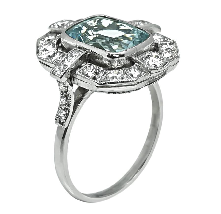 Art Deco 4.00ct Aquamarine 0.75ct Diamond Platinum Ring