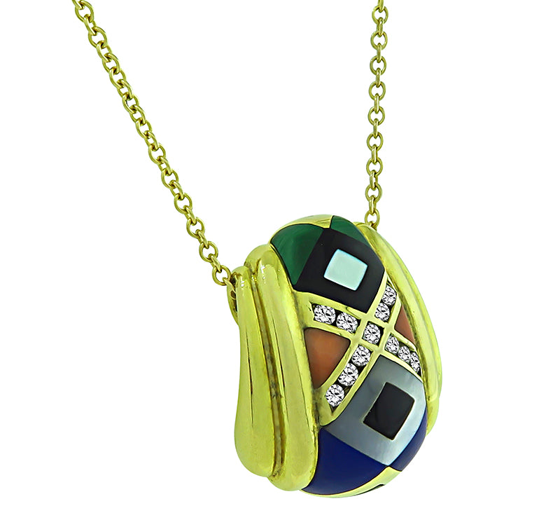 Estate Asch Grossbardt Diamond Gemstone Inlay Gold Pendant Necklace