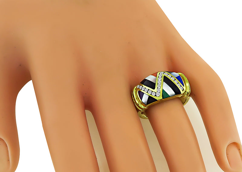 Estate Asch Grossbardt 0.30ct Diamond Multi Gemstone Inlay Gold Ring