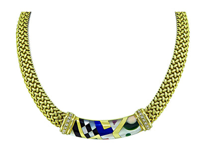 Estate Asch Grossbardt Diamond Multi Gemstone Inlay Gold Necklace