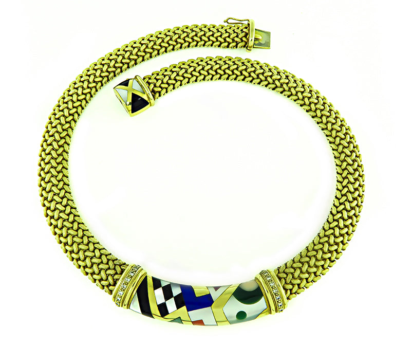 Estate Asch Grossbardt Diamond Multi Gemstone Inlay Gold Necklace
