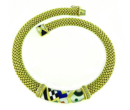 Estate Asch Grossbardt Diamond Multi Gemstone Inlay Gold Necklace