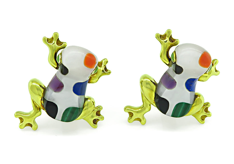 Estate Asch Grossbardt Multi Color Gemstone Inlay Frog Cufflinks