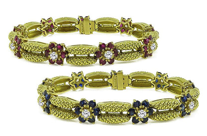 Estate Suite of Bertina Diamond and 6ct Ruby 6ct Sapphire 18kt Gold Bracelets